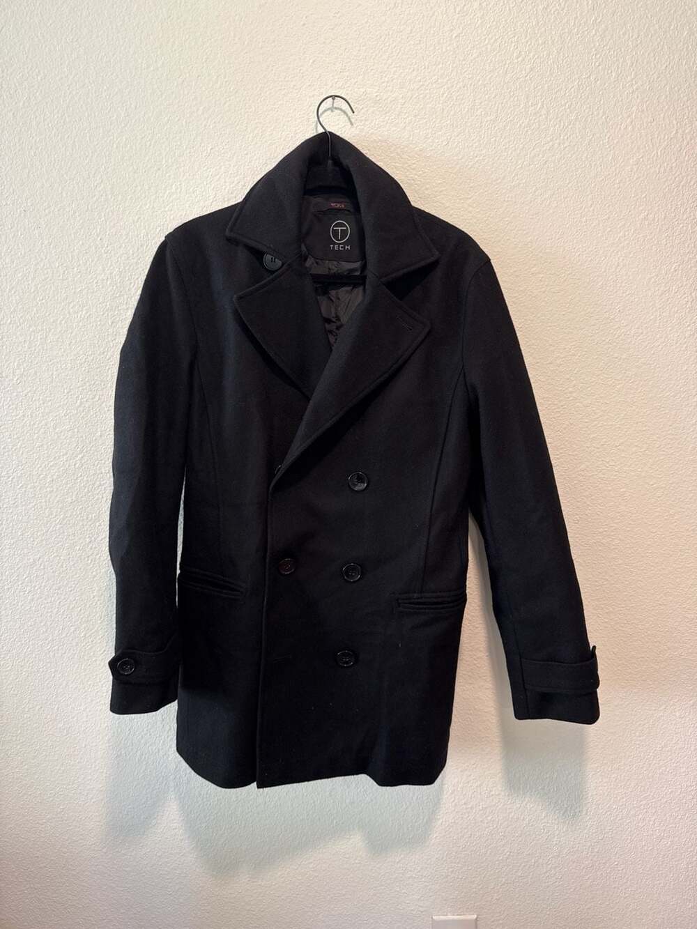 Tumi T-Tech Men's Black Wool Blend Double Breasted Pea Coat Size Medium